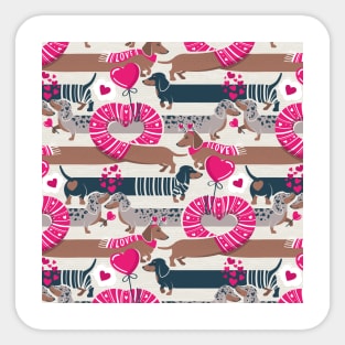 Dachshunds long love // beige background fuchsia pink hearts scarves sweaters and other Valentine's Day details brown nile blue and dark grey spotted funny doxies dog puppies Sticker